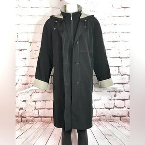 GALLERY Black & Taupe Trench Coat Raincoat detach Hood Size Medium 37” Length